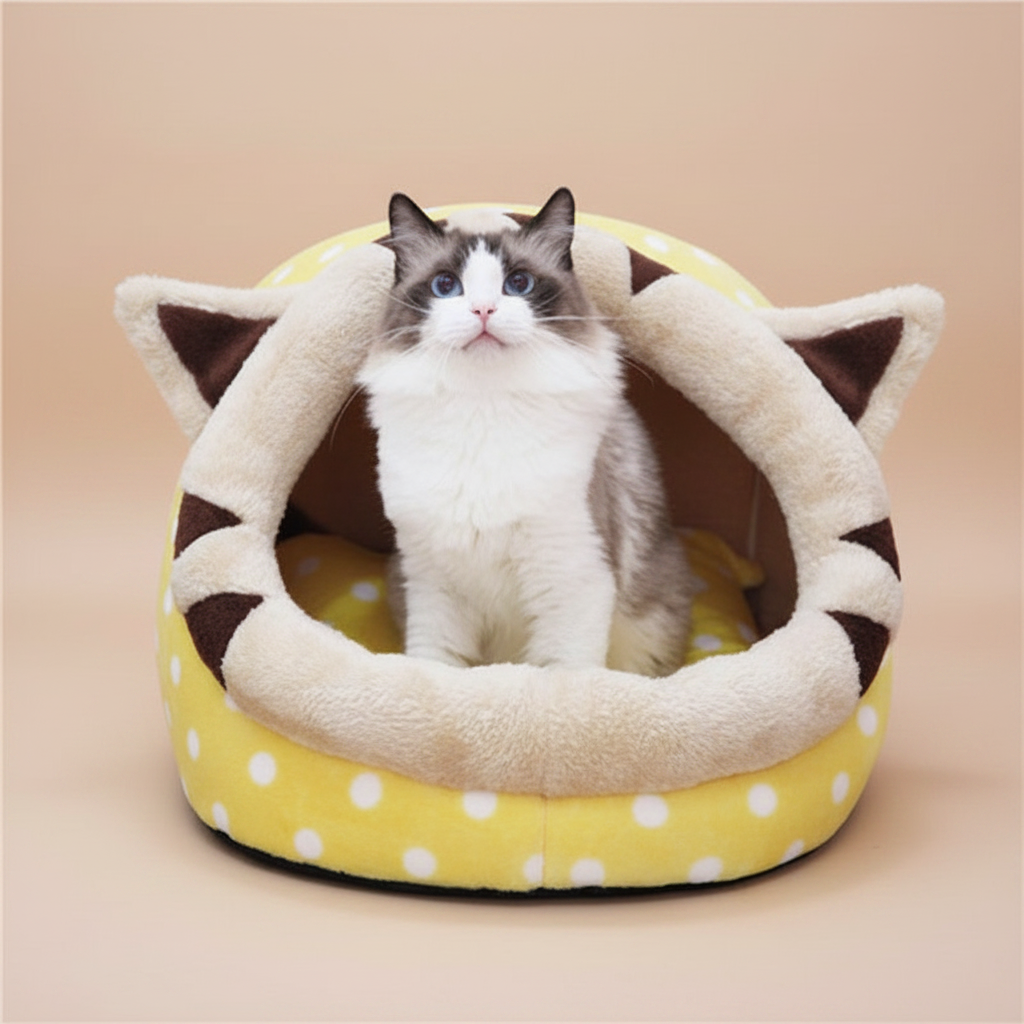 Cat in yellow pet bed - nude studio background