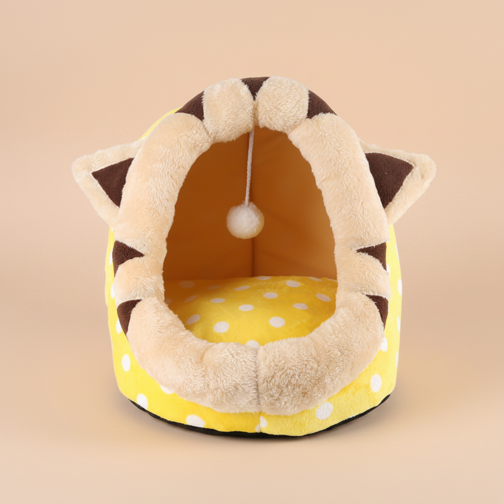 Yellow polka dot pet bed - nude studio background